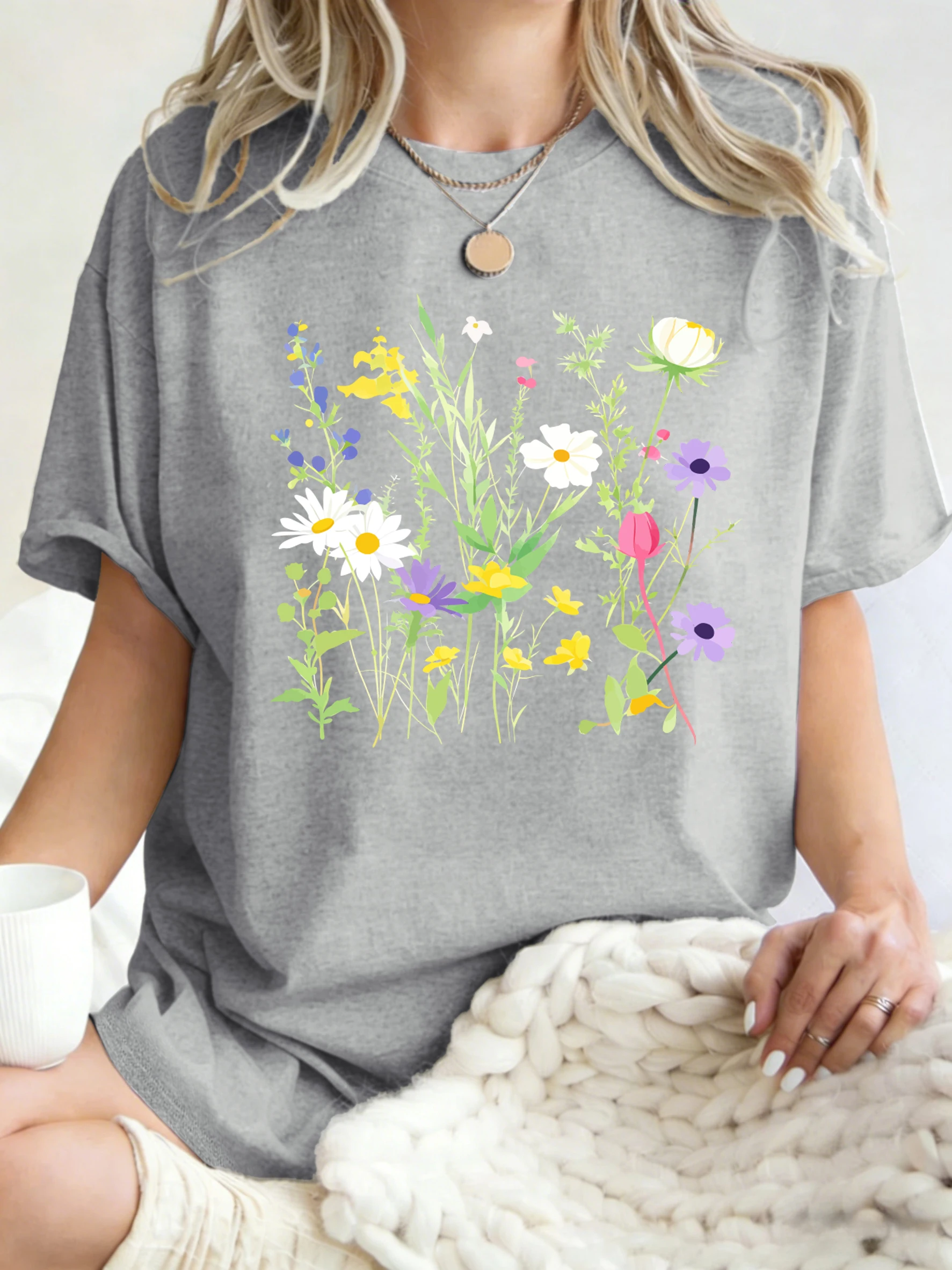 Verschiedene Blumen- und grüne Blätter-Prints Damen T-Shirts Lässige Sport-Tops Y2K Baumwoll-T-Shirt Sommer Oversized Kurzarm – Detail 27