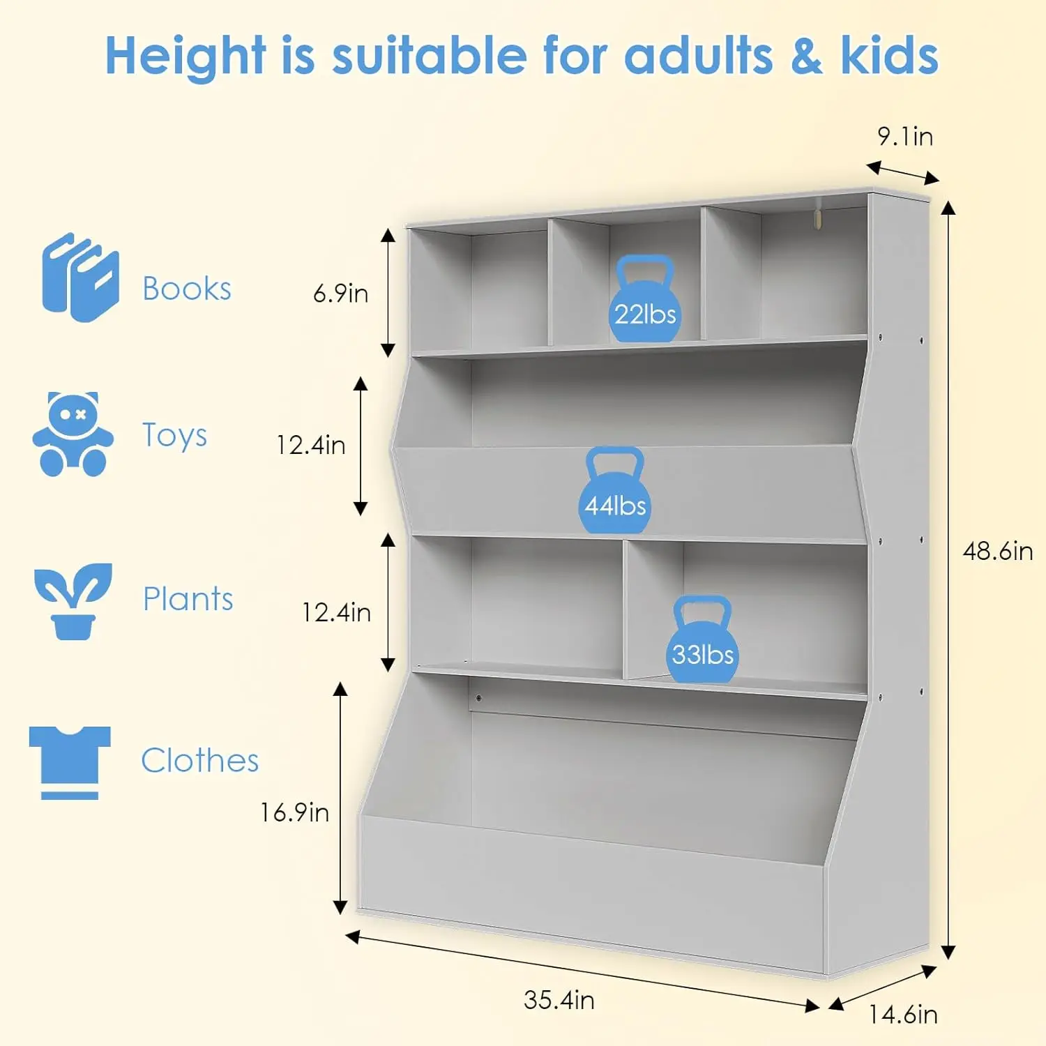 Toy Storage Organizer for Kids, Large Wooden Open Bookcase 4-Tier Children Storage Cabinet, Cubby Bookshelf for Playroom Bedroom