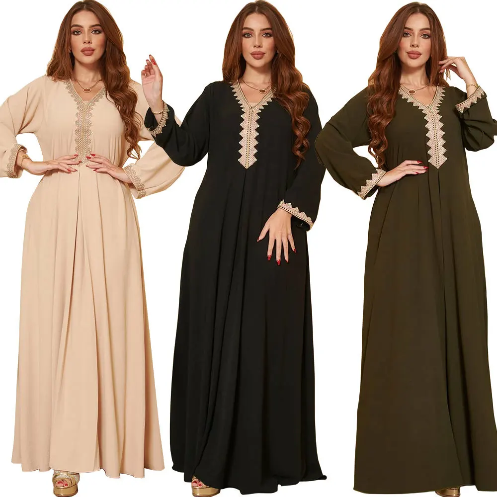 Moroccan Women Jalabiyat Fashion Basic Solid Diamonds Full Sleeve V-Neck Elegant Lace Chic Turkish Female Abaya Hijab Dress