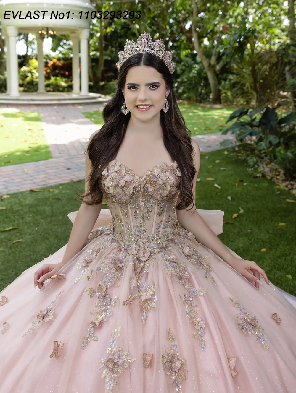 EVLAST Beige Ball Gown Quinceanera Dress Butterflies Applique Beading Bow Sweet 16 Party Vestidos De 15 Anos E1Q695