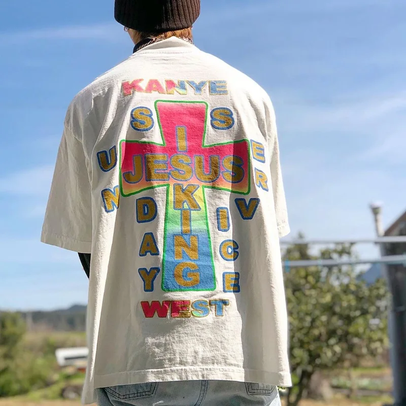 

2022ss JESUS Is King Kanye Cross Stamp Bronze Print Graphic T Shirt High Street Fashion Men Women Loose Short Sleeve T Shirt Top