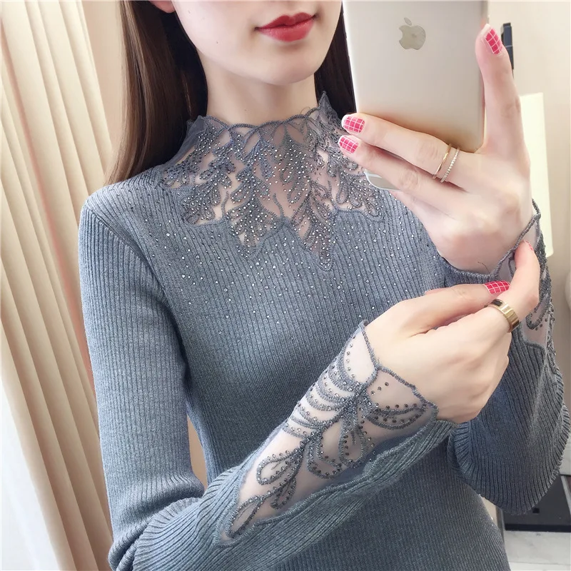 

Women Winter Sweater Clothes Set The New Korean Version Lace Splicing Hollow Out Half High Collar Hedging Slim