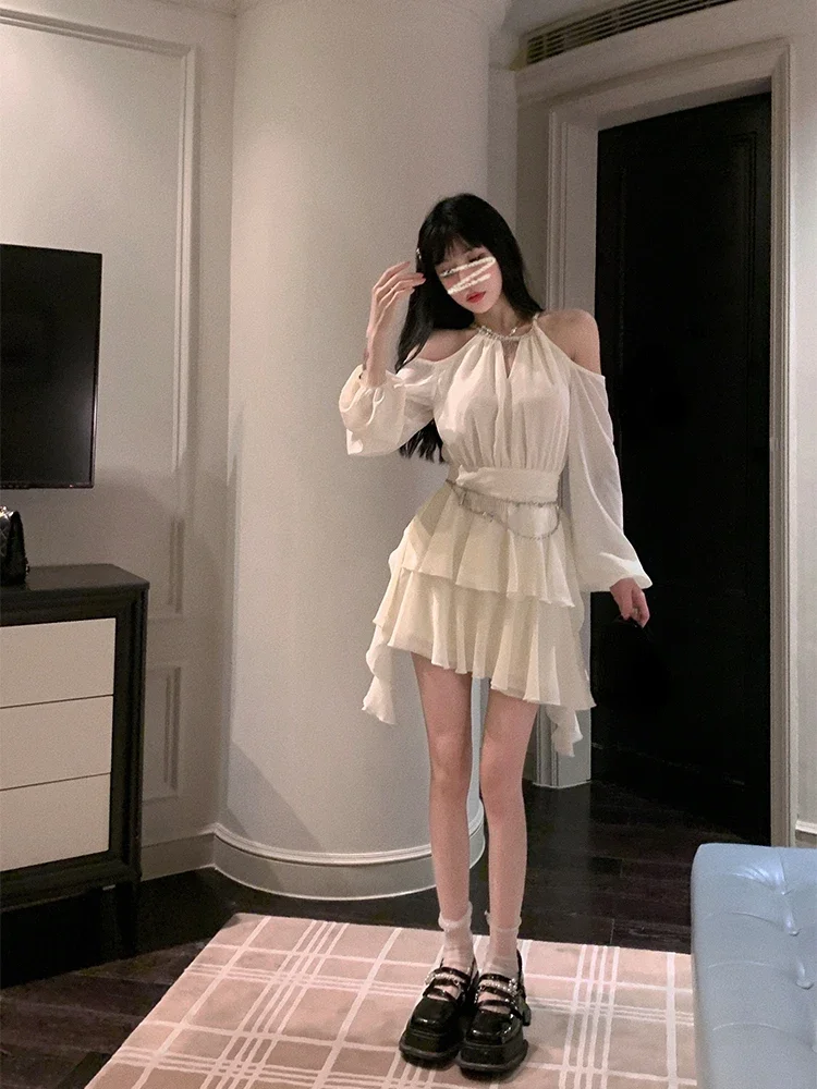 2024 New Fairy Pure Color Short Party Dress Korean Fashion