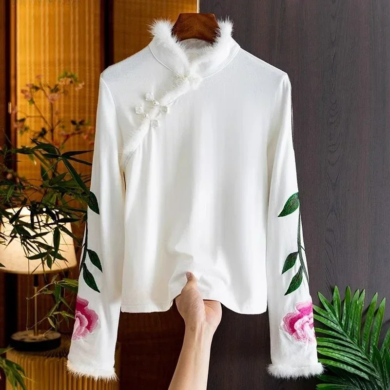 

Sweet Ruffled Collar Floral Embroidery Tops Autumn New Mink Hair Blouse Chinese Style Vintage White Shirt Women Clothes 29941