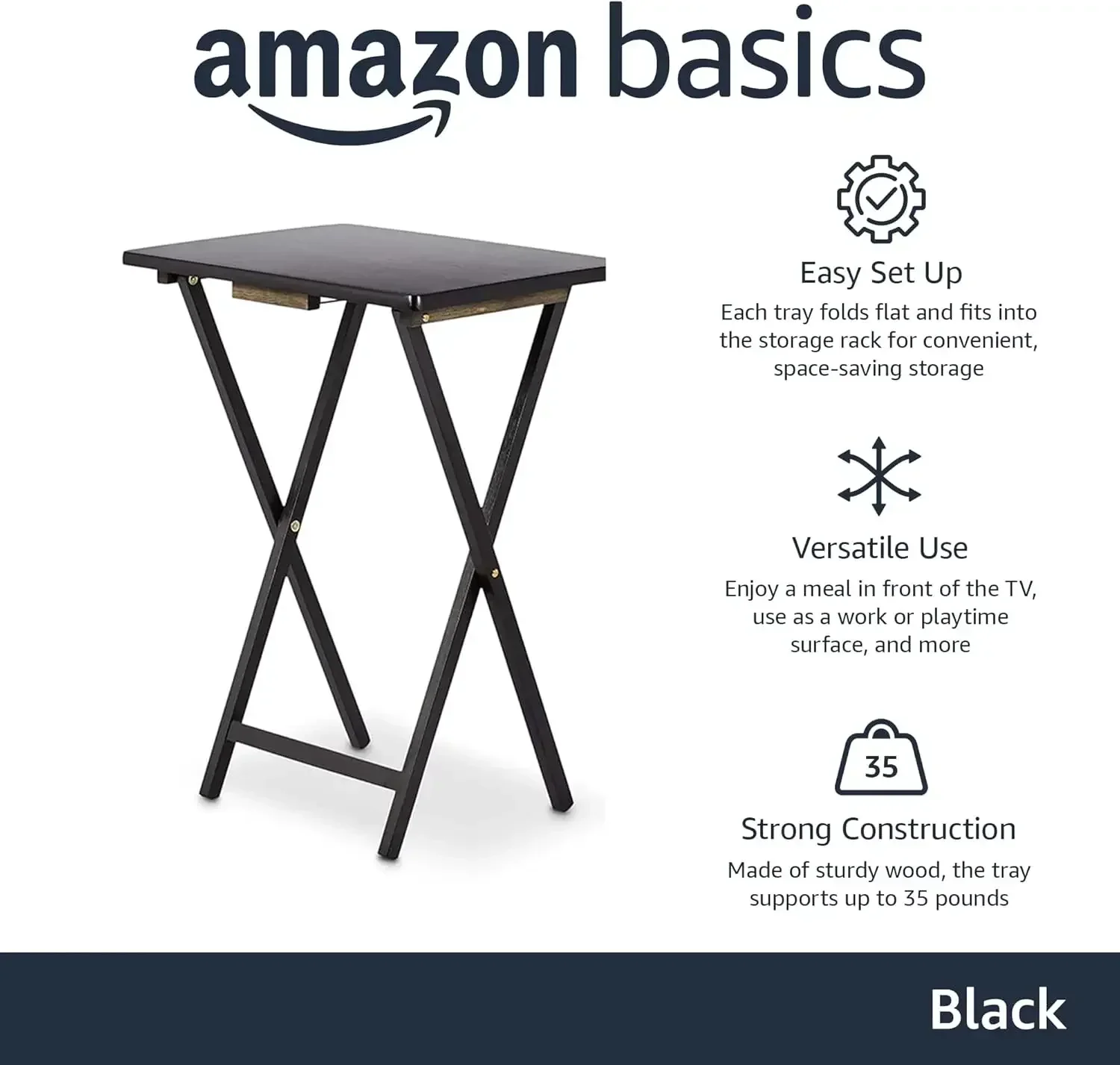 Classic Black TV Dinner Folding Tray Tables with Storage Rack – Set of 4, 15" x 19" x 26" 2