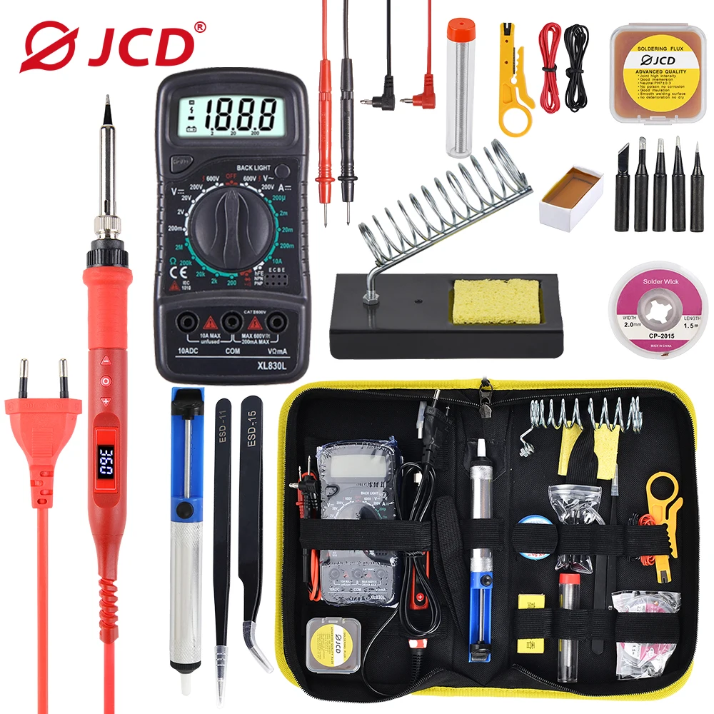 JCD 80W Soldering Iron Kit Adjustable Temperature LCD 110V 220V Multimeter Soldering Tips Desoldering Pump Welding Tools