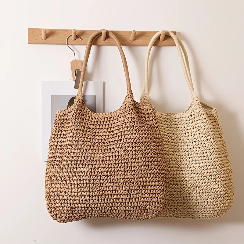 Women Shoulder Bag, Fashion Large Capacity Tote Straw Bag, Casual Solid Easy Beach Bag for Vacation Beach Outdoor Travel Camping - 3