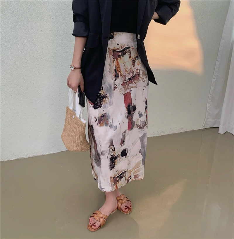 Hzirip Vintage Oil Painting All Match Elegance Retro 2021 New Chic Prom Office Lady Women High Waist Printed Gentle Long Skirts white tennis skirt