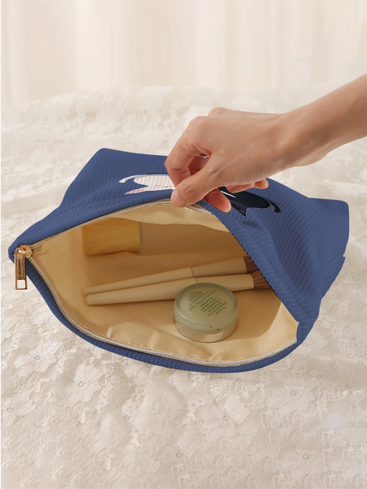 1 cute cat pattern printed corduroy makeup bag, lightweight zipper makeup storage box, multifunctional bag with lining