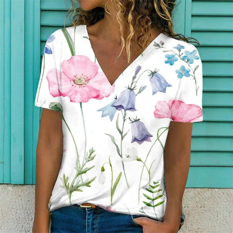 

Elegant Plant Flower Print Tees Women's Casual Loose V Neck Pullover T-Shirt Female 2023 Summer Korean Version Short Sleeve Tops