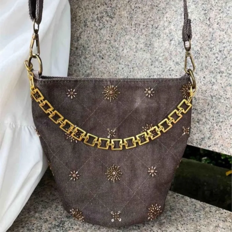 Retro Denim Bead Embroidery Shoulder Bag Women Chain Quilted Large Capacity Handbag Ladies Harajuku Versatile Crossbody Bag 2025