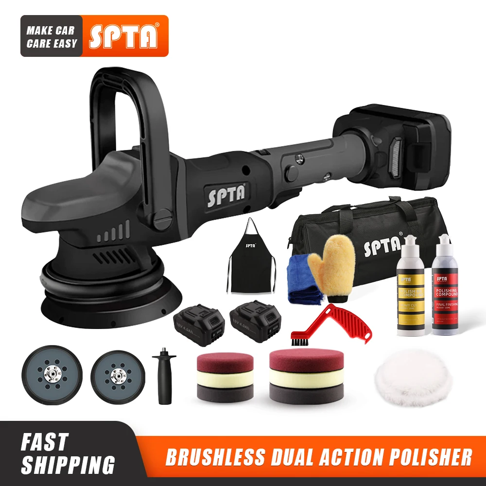 

SPTA 18V Cordless Car Polisher 15mm Orbit 2000-4500rpm Variable Speed Polishing Machine With 2 4000Ahm Battery For Car Plishing