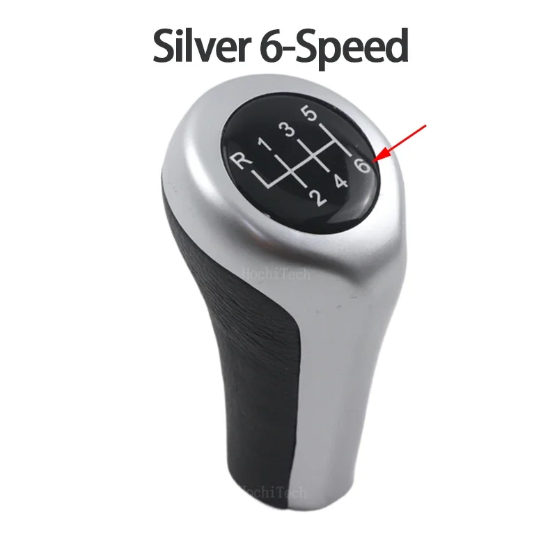 Carbon Look Leather Gear Shift Knob - Silver, 5/6 Speed Car Shifter