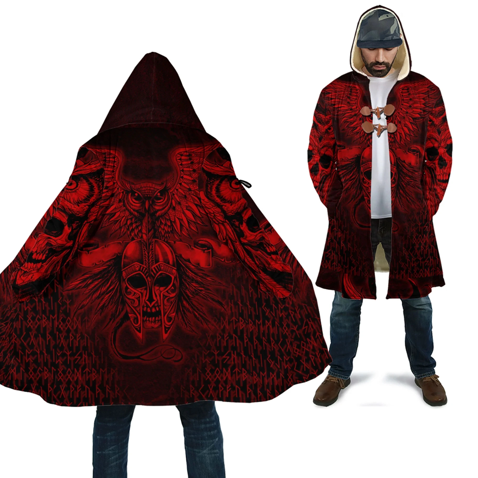 Owl Skull Gold Tattoo 3D All Over Printed Men's Fleece Hooded Cloak Winter Unisex Casual Thick Warm Cloak Coats PF117