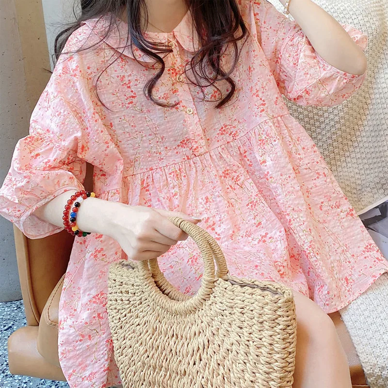 2023 New Summer and Korean Edition Loose Sweetheart Doll Collar Spliced Button Broken Flower Lantern Sleeves Stuffed Doll Shirt