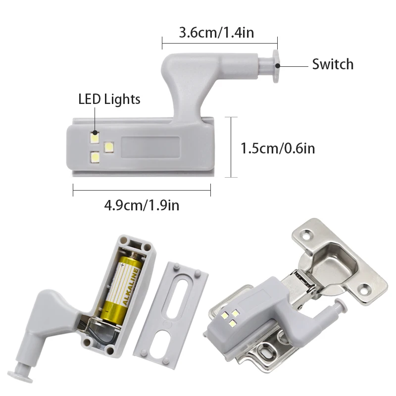 Lumière d'armoire à capteur de mouvement LED avec batterie, lampe de nuit pour cuisine, chambre à coucher, Cisco Chi Board, armoire, charnière intérieure de porte, 10 pièces