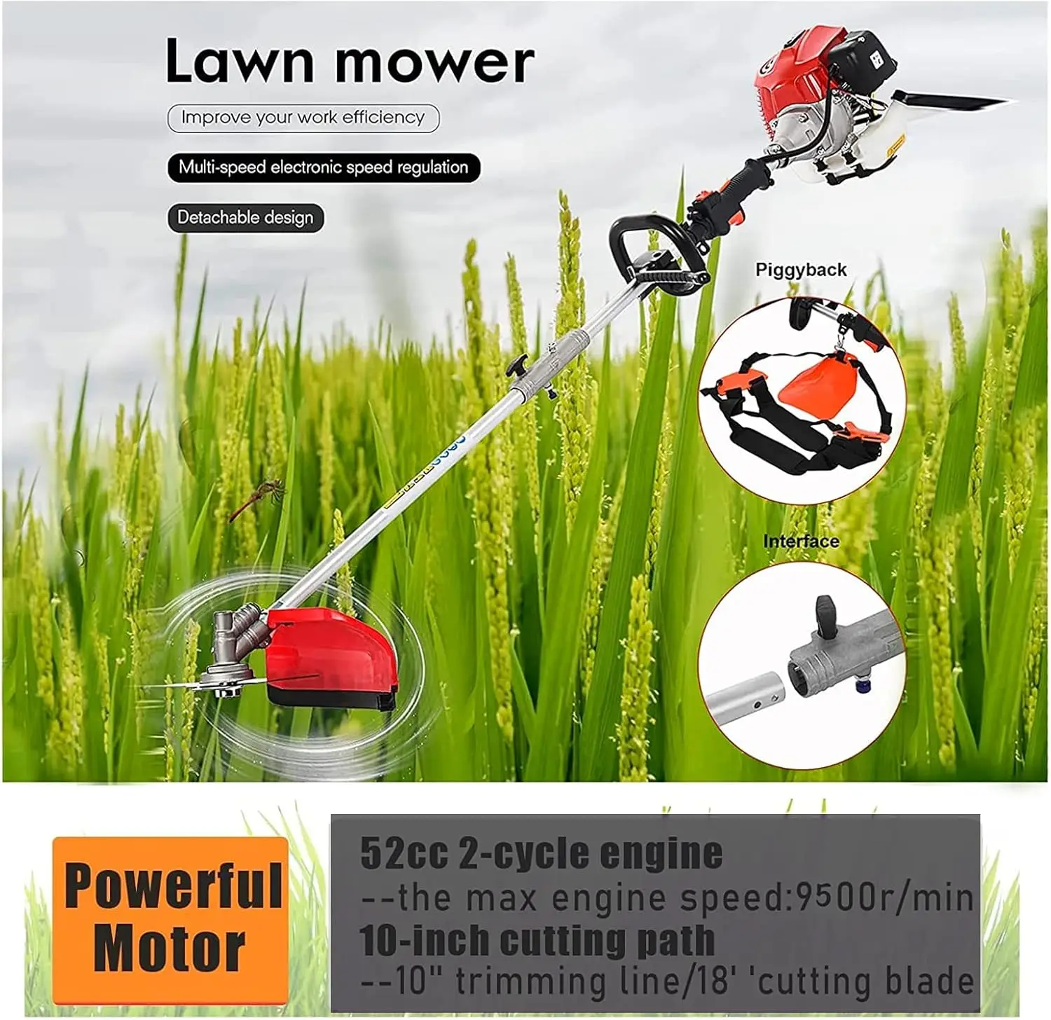 Grass Trimmer 52cc 5 in 1 Gas Powered Brush Cutter Gas String Hedge Trimmer Pole Saw for Quick Weed Grass Cleaning