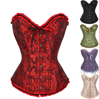 Sexy Corsets Bustiers Floral Lace Tops For Women Flower Print Vintage Corset Gothic Satin Lingerie Corselet Overbust Boned 1