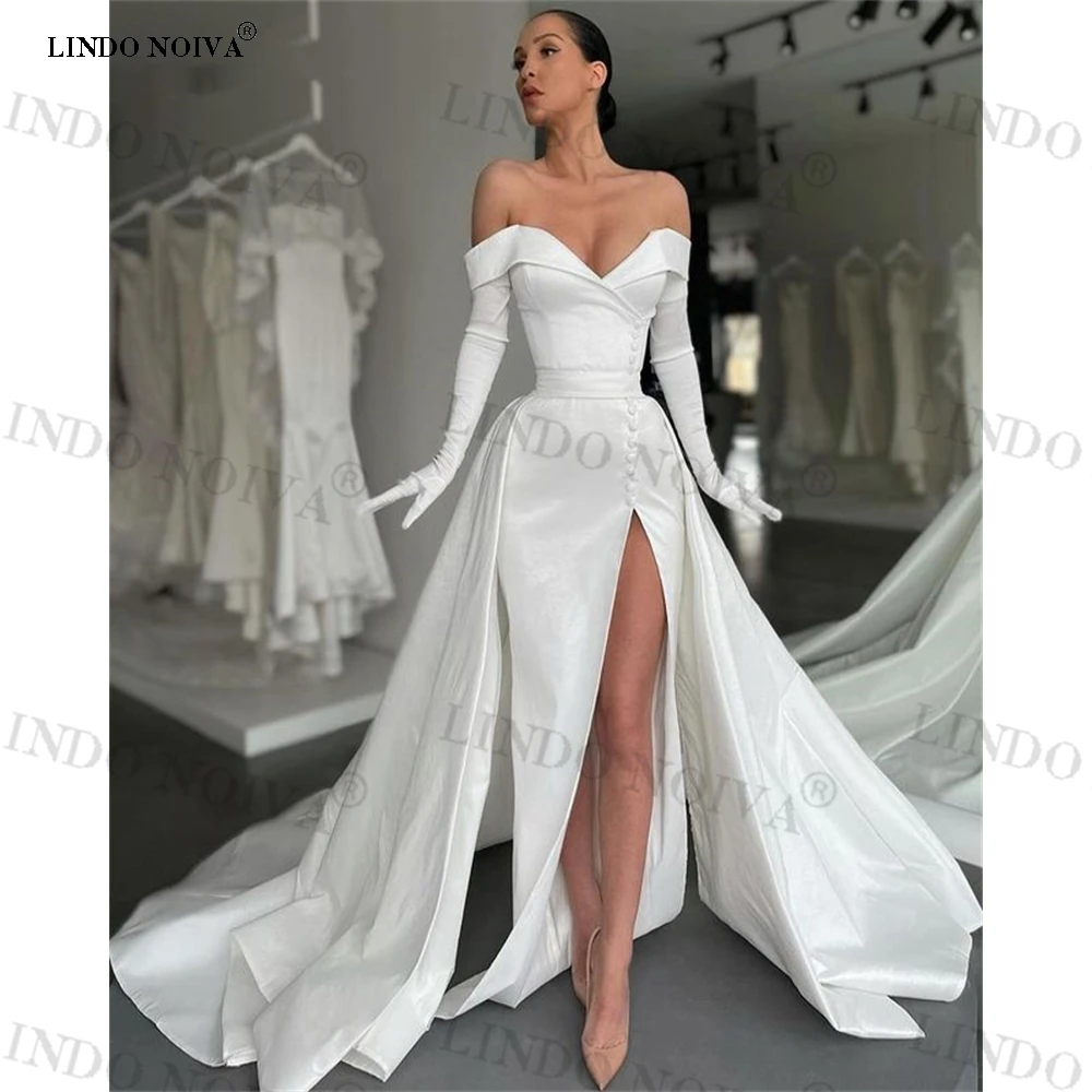 

LINDO NOIVA Off the Shoulder Mermaid Wedding Dresses 2023 with Sleeve Detachable Train wedding Dress Side Split свадебное платье