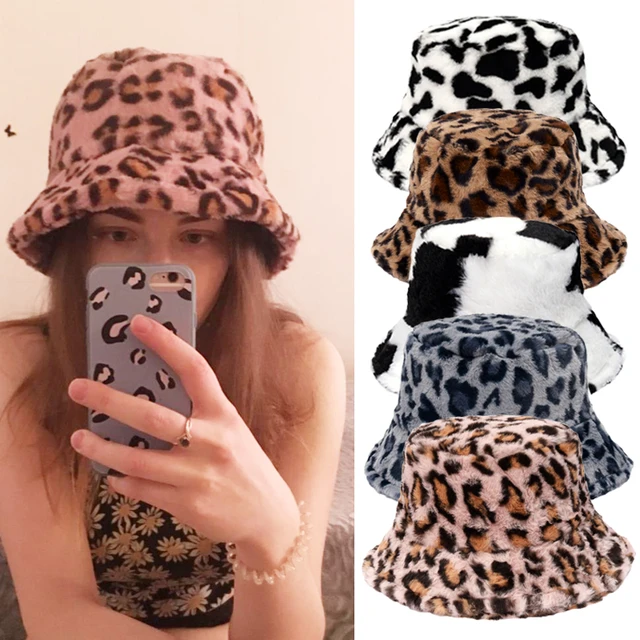 Cow Leopard Faux Fur Fluffy Bucket Hat