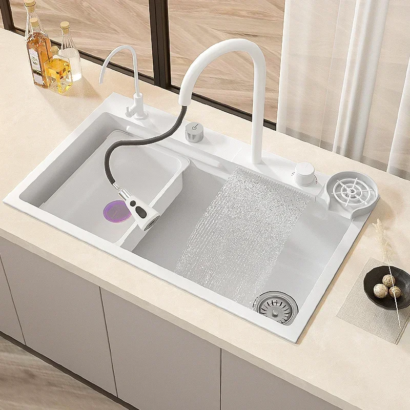 

Waterfall Kitchen Sink White Large Single Slot Nano 304 Stainless Steel Kitchen Sink with Waterfall Faucet for Kitchen