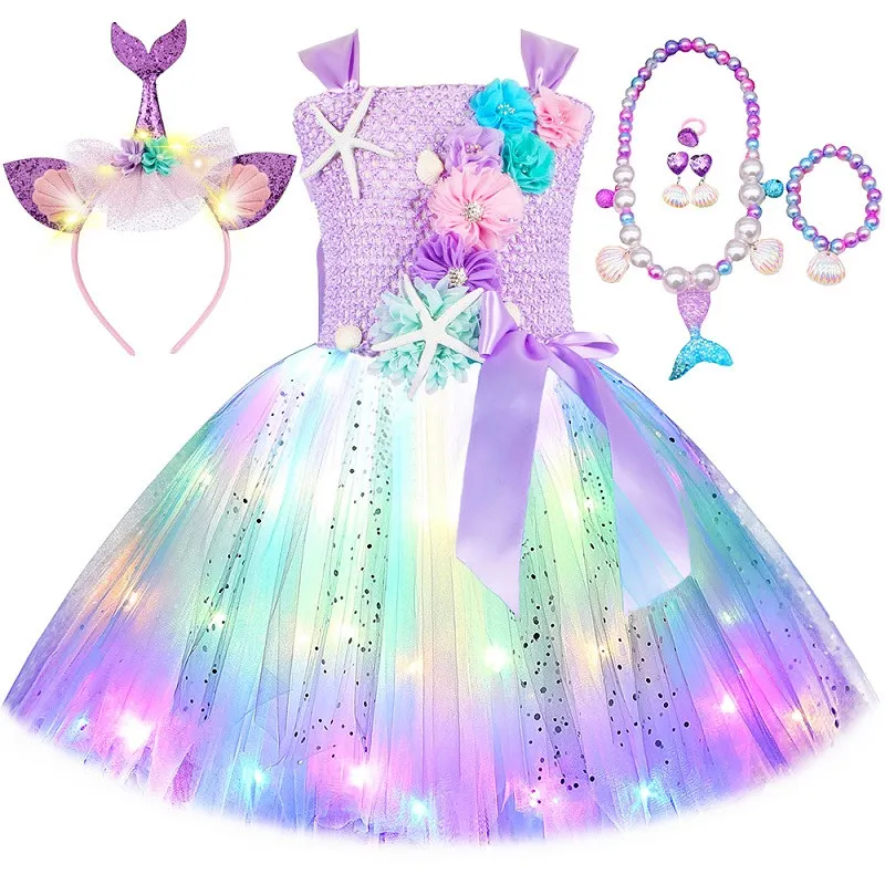 thumbnail image 1 of Vestido de princesa sirena para niñas, vestido de tutú con luz LED y temática del océano para fiesta de cumpleaños, disfraz de Halloween para niños, 1 of 5