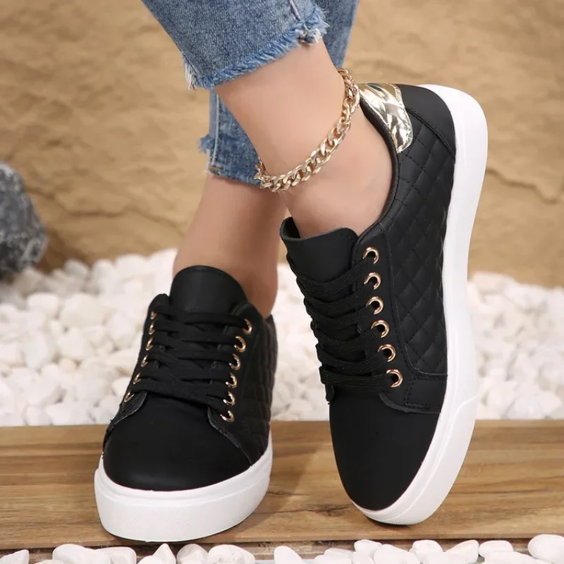 Size 35-41 Women White Sneakers 2024 Spring Autumn Womens Fashion Black Lace-up Soft Soled PU Leather Shoes Ladies Casual Shoes 3
