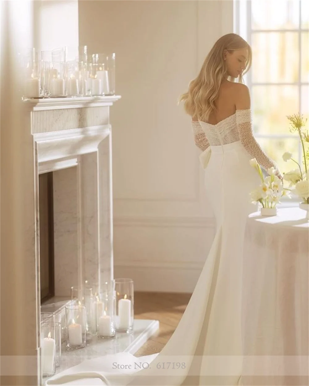 Vestido de casamento acetinado, Vestidos de sereia para noivas, Vestido frisado frisado, Fora do ombro