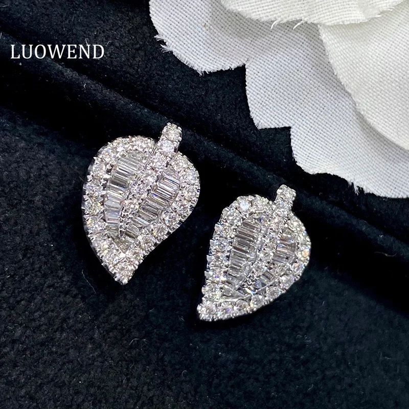 LUOWEND 18K White Gold Earrings Real Natural Diamond Stud Earrings Fashion Leaf Shape Wedding Fine for Women Engagement