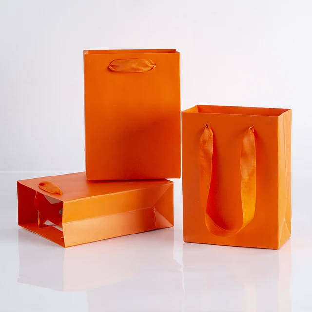 Orange Paper Bag With Blue Ribbon Handles With Box and Gift 