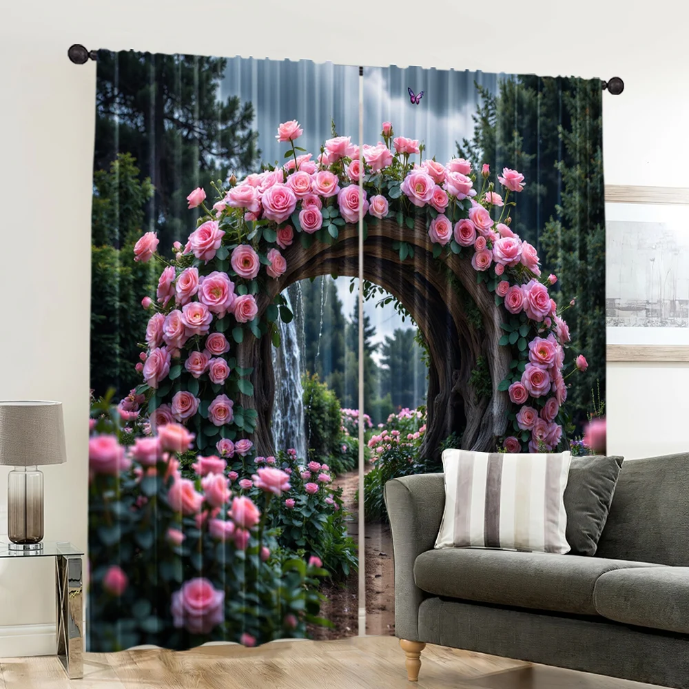 2pcs, spring summer Curtains Jungle Green and Red Roses Art Digital Print Drapes Durable 100% Polyester Fabric Art Deco Festive 6