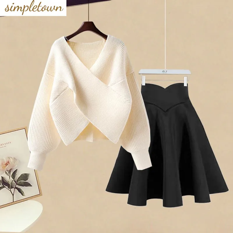 

Autumn and Winter Fashion Set Women's 2023 New Korean V-neck Cross Knitted Sweater Slim Half Skirt Two Piece Set