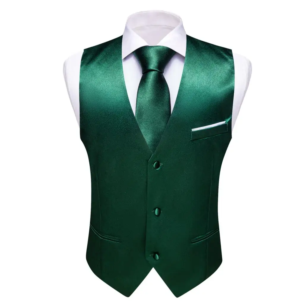 Luxury Silk Vest for Men Green Solid Waistcoat Bowtie Tie Set Wedding Business Sleeveless Jacket Male Suit Barry Wang