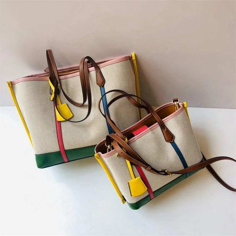 

TB 2023 New Women's Bag Perry Canvas Cowhide Tote Bag Fashion Versatile Colored Shopping Bag One Shoulder Crossbody Handbag