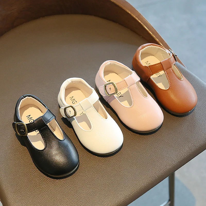 Fashion Leather Shoes For Girls Simple T-strap Kids Flats Children Flats Casual Soft Anti-slip 15-30 Hot Princess Infants Sweet
