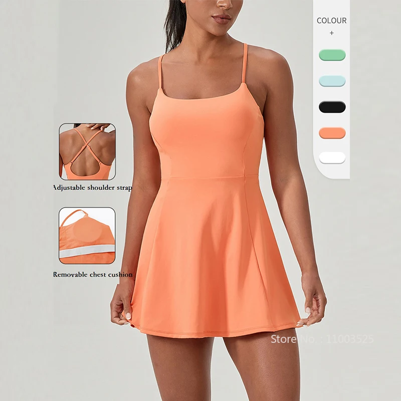 Women's Adjustable Straps Sports Tennis Dress Sexy Hollow Back Running Dresses Sleeveless Fitness Tennis Skirts GYM