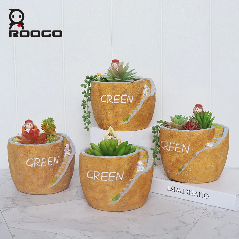 

Roogo Creative Figurine Pastoral Style Resin Succulent Green Plant Potted Ornament Gardening Home Balcony DIY Flower Pot