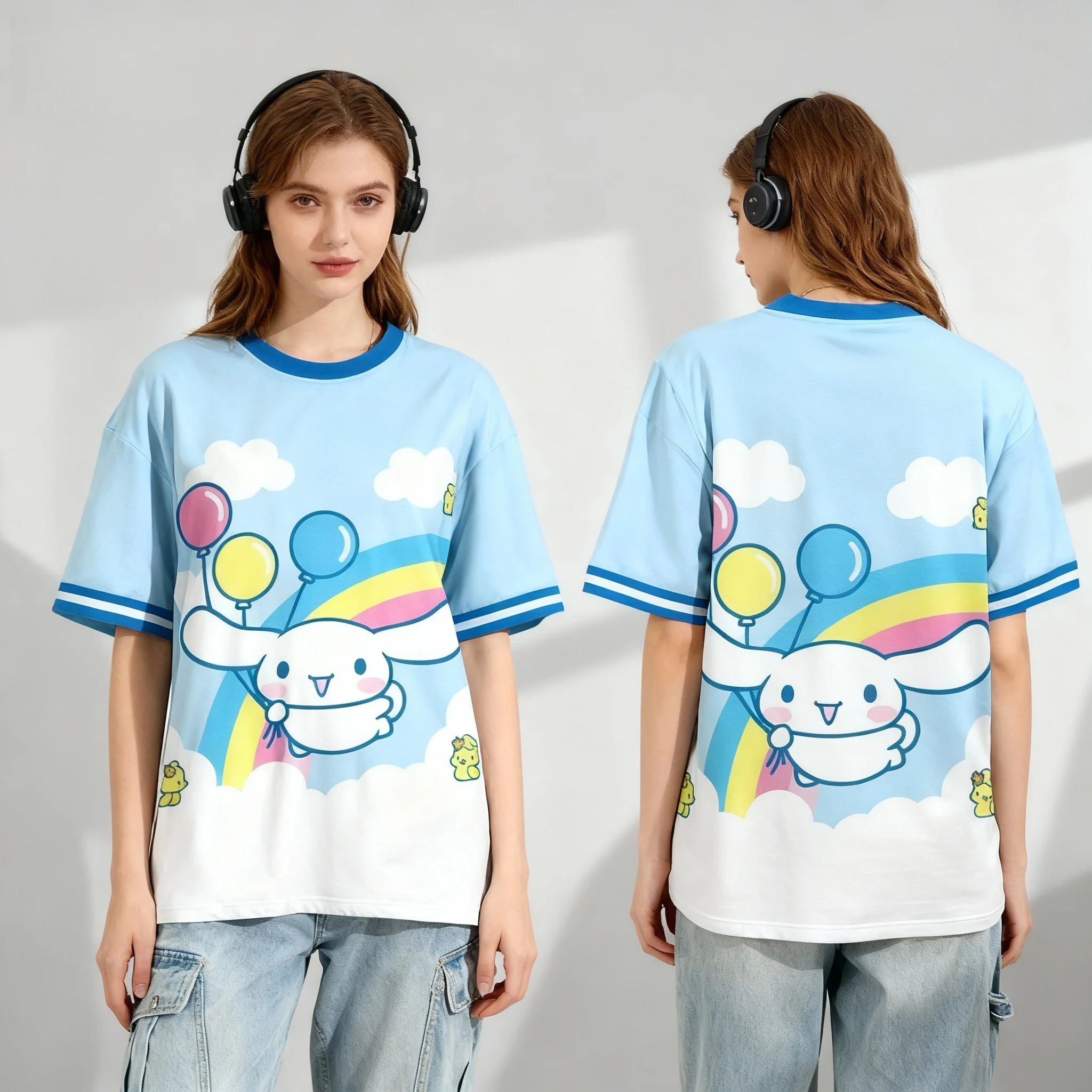 Sanrio Hello Kitty Elemental Ball Wear Sweet Cool 여름 티셔츠 오버사이즈 남성 성인 캐주얼 스포츠 티셔츠 출산복