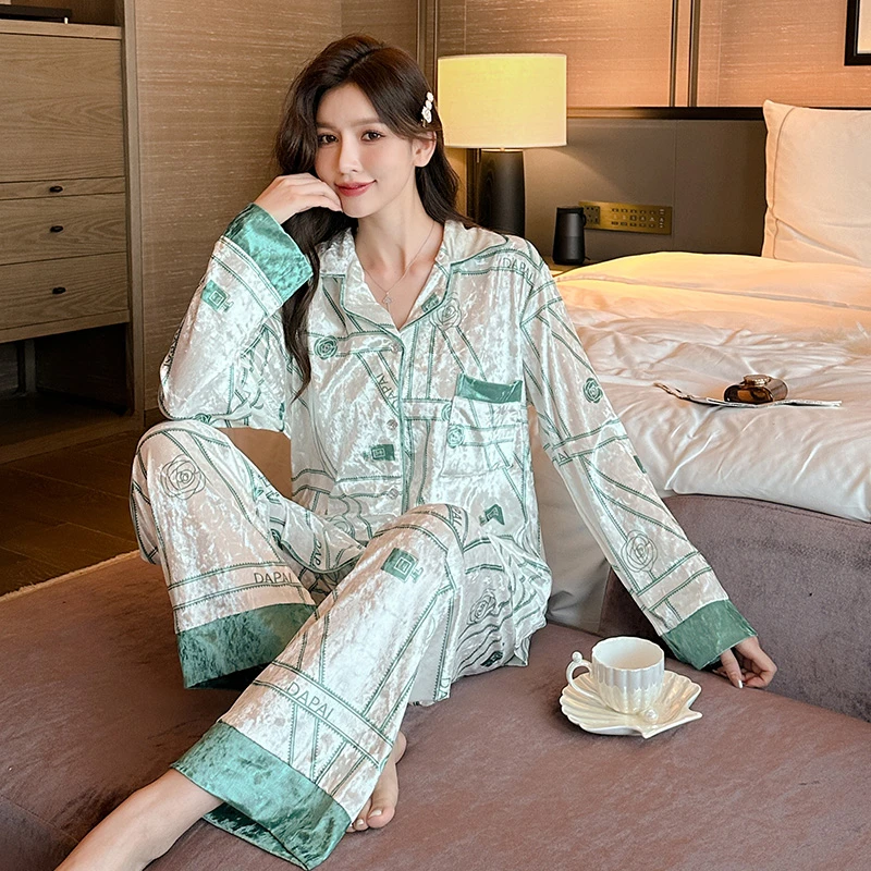 

Золотые бархатные пижамные комплекты, осенняя Женская пижама с длинным рукавом, домашняя одежда, пижамные костюмы