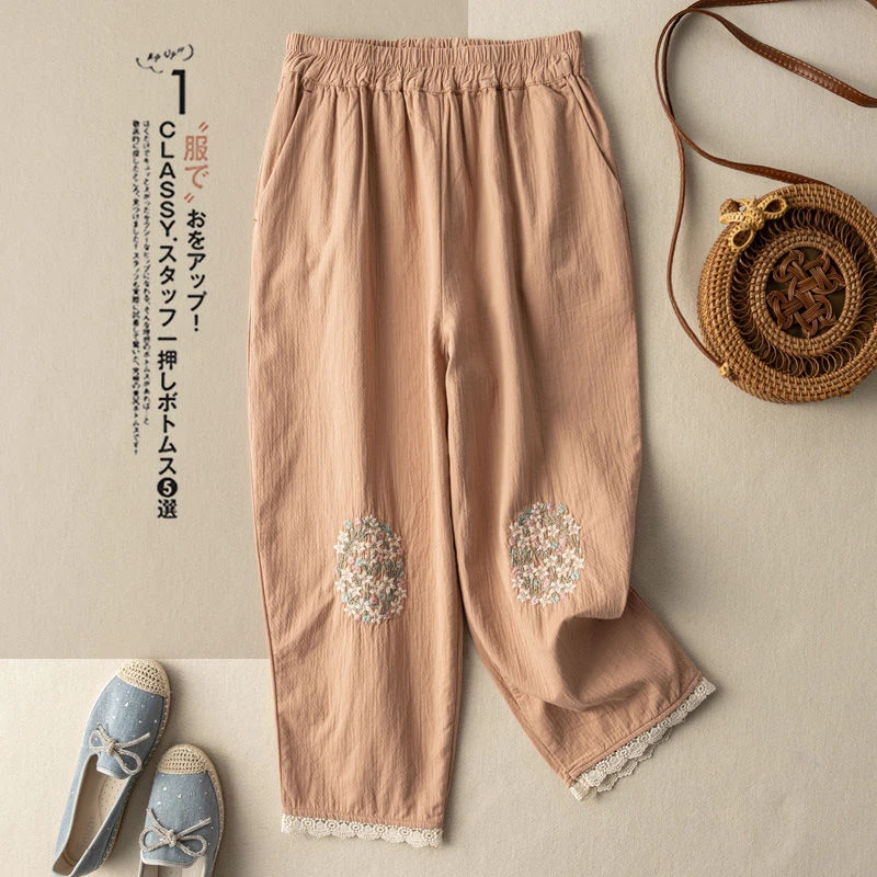 Summer Elastic High Waist Cotton Linen Embroidery Vintage Pants Women Loose Casual Fashion Ankle Length All-match Trousers Femme