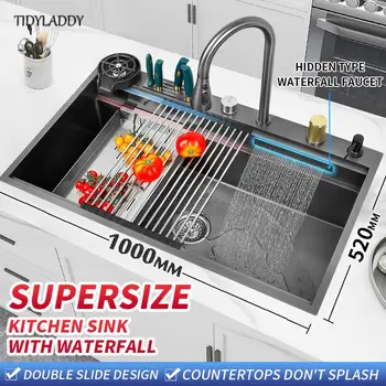 อ่างล้างจานในครัวแบบนโน304สแตนเลสขนาดใหญ่ช่องเดียวอุปกรณ์ครัวน้ำตกก๊อกน้ำอ่างผัก 1