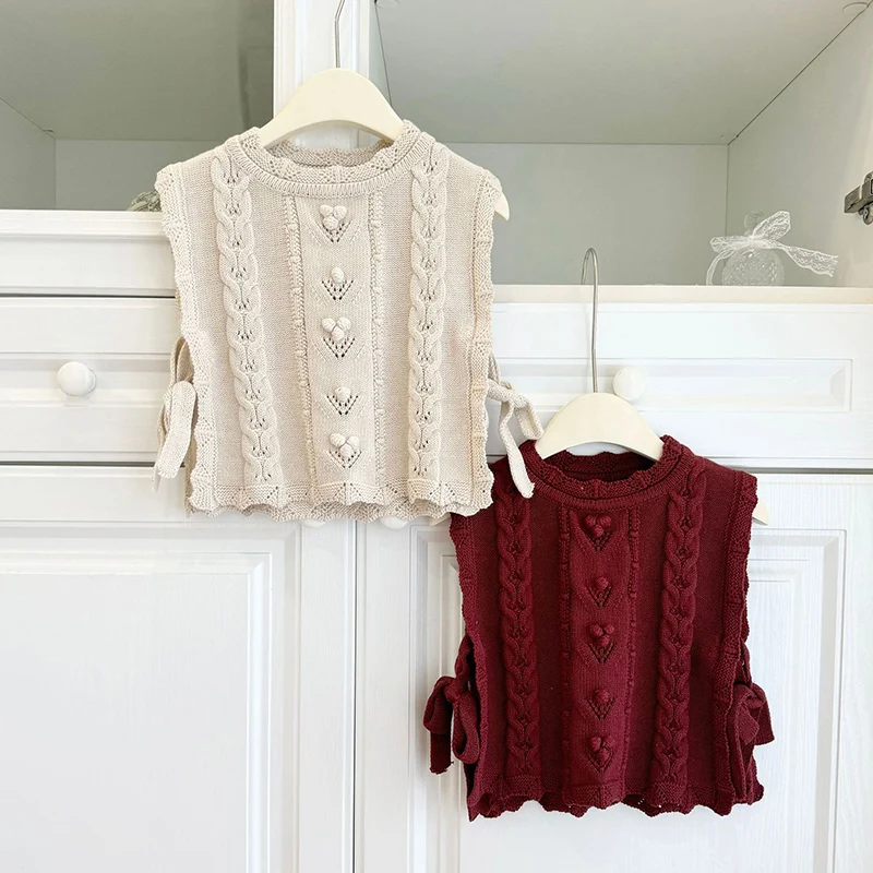 2026년 신상 봄 2-7세 아동용 스웨터 민소매 단색 니트 조끼  소녀 니트 풀오버 조끼 어린이 의류