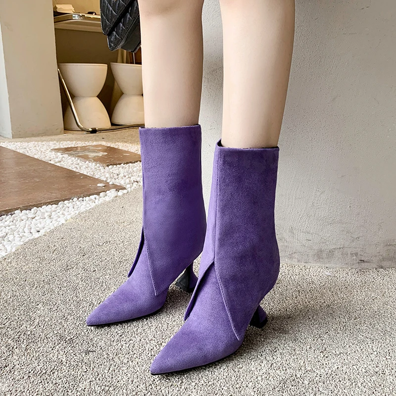 

YMECHIC Concise Pointed Toe Mid Calf Pants Boots for Women Retro Sewing High Strange Heels Fetish Shoes Party Big Size 43 Purple