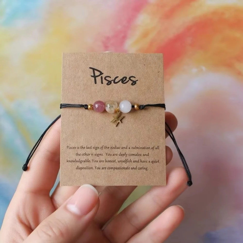 12 Zodiac Signs Natural Stone Charms Bracelet for Women Men Braided Card Paper Bracelet Leo Virgo Libra Gift Adjustable
