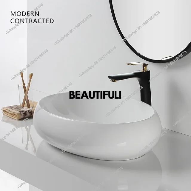 อ่างล้างหน้าทรงรีแบบตั้งโต๊ะ RR อ่างล้างหน้าเซรามิก อ่างล้างหน้าสำหรับระเบียง อ่างล้างหน้าทรงแคบสำหรับตกแต่งบ้าน 4