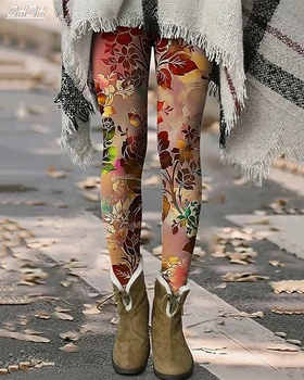 Women's Leggings Vintage Flower Printed Outdoor Trousers Polyester Spandex Stretch Elastic Waist,Control Fall Winter Streetwear 1
