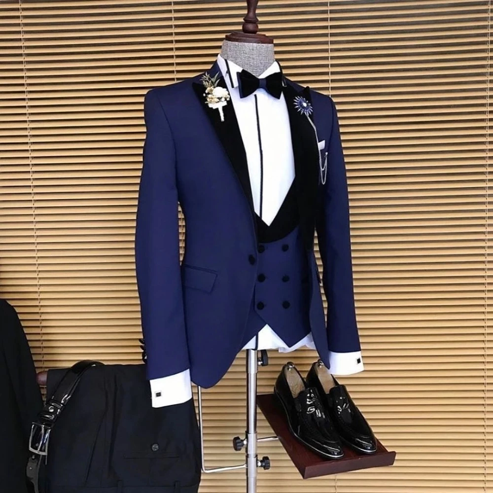 Dark Blue Men Suit Groom Tuxedo Wedding Costume Homme Marriage Terno Black Peak Lapel Masculino Slim Fit 3 Pieces Blazer