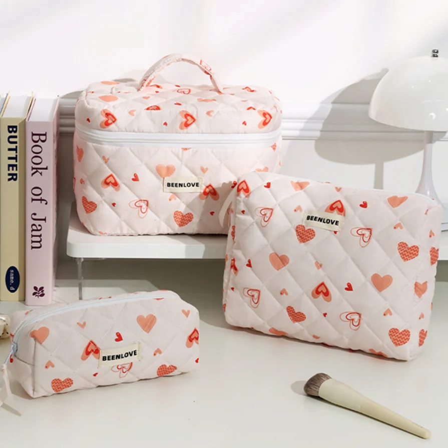 3pcs Aesthetic Cosmetic Organizer Set Quilted Cotton Sweet  Women Makeup Pouch Cherry/Heart Pattern Skincare Clutch Toiletry Bag 3