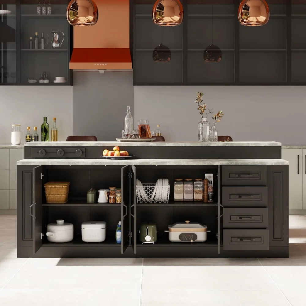 94.5" W Stationary Kitchen Island Storage Cabinet with Built-in Power Outlet, Adjustable Shelves & 3 Drawers for Dining Room 3