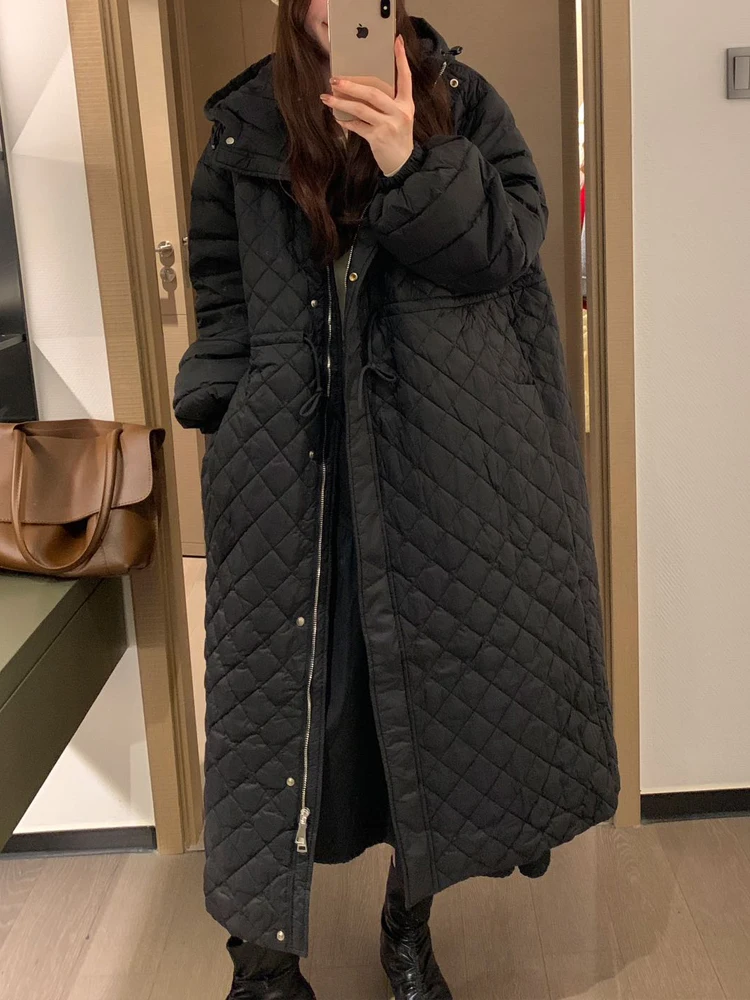 Korean style Women's Hooded long down jacket Warm 2023 Winter Fashion Adjustable waist Long sleeve puffer coat Clothes 3O287